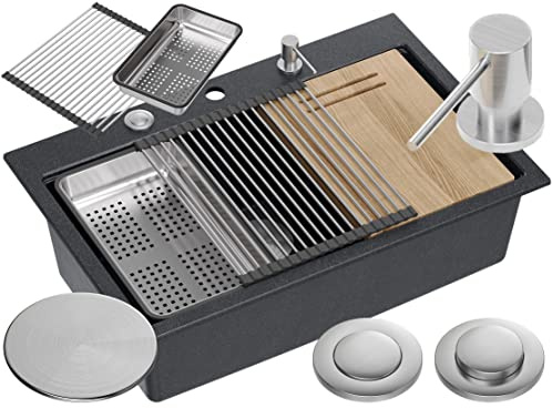 Quadron Granite Sink, Size 76 x 50 cm, Colour: Black/Birthstated Steel, Marc Set Inclusive: Steel Cover, Soap Dispenser, Wooden Chopping Board, Steel Drip Insert