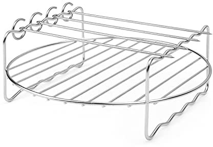 Rejilla para Freidora de Aire de Acero Inoxidable, LNSYSNS Estante Multiusos de Doble Capa con Brocheta, Soporte de Deshidratador Apilable, Estante de Freidora de Aire Curvo con Diseño de patas Altas