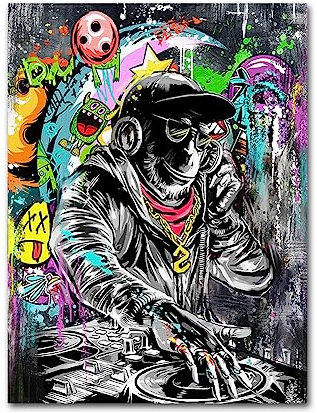 Yatehui Graffiti Wandkunst DJ Affe Gemälde Banksy Gorilla Leinwand Musik Bild Pop Art Wanddekoration 30,5 x 40,6 cm