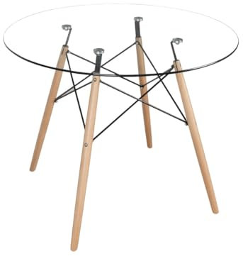 POSTQUAM | Mesa Comedor Norway Redonda | Cristal Templado y Madera de Haya | Transparente y Madera | Estabilidad, Resistencia, Tacos Antideslizantes | Elegante y Funcional