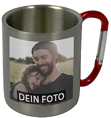 Edelstahl-Tasse mit Foto und Wunschtext (panorama) | Tasse mit Karabiner personalisiert | Edelstahltasse mit Karabiner gestaltbar