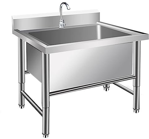 LBONG Evier Inox De Cuisine, Évier De Restauration Autoportant, Évier en Acier Inoxydable de Grande Taille, Industriel pour Garage, Buanderie, Atelier(80X60X80cm/31.4X23.6X31.4in,11.8 Deep)