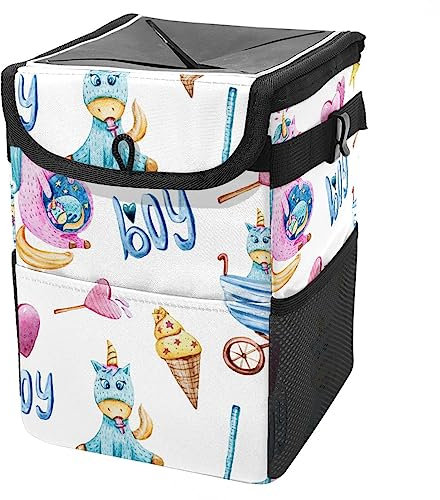 KQNZT Poubelle avec couvercle et poches de rangement, organisateur étanche, poubelle étanche, poubelle polyvalente pour voiture,Crème glacée de dessin animé Licorne