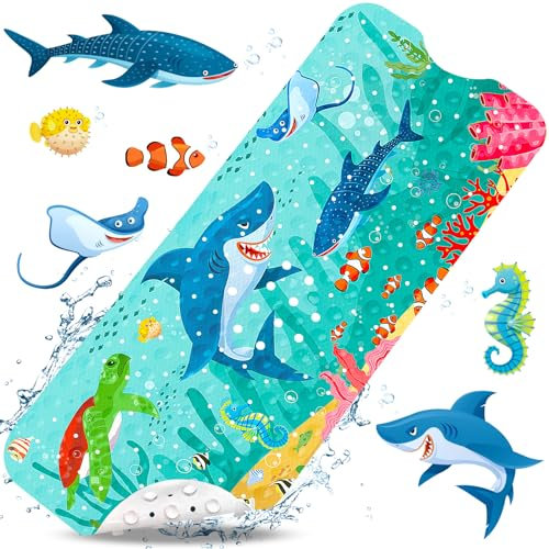 ZLPBAO Alfombra bañera Antideslizante Infantil 100 x 40 cm, Alfombrilla Ducha Antideslizante con 203 Ventosas, Antideslizante bañera, Motivo Marino, Alfombra de Baño, Sin BPA y Lavable a Máquina