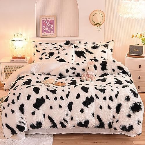 ZIQINPSQ Zotteliges Plüsch-Bettwäsche-Set, Batik-Kunstfell-Bettwäsche-Set für Teenager und Mädchen, weicher Samt, flauschig, flauschig, flauschig, Bett-Set (Kuh, Doppelbett)