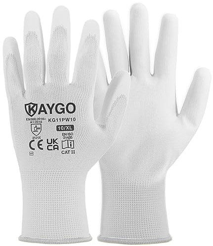 KAYGO Arbeitshandschuhe für Herren Damen 12 Paar, PU beschichtet Schutzhandschuhe, antirutsch Grip an Handflächen und Fingern, Geeignet für allgemeine Arbeit Lager DIY, KG11P (Weiß, XL, Gr 10)