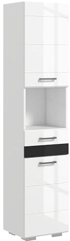 kleankin Colonne de salle de bain en MDF, blanc brillant, meuble de salle de bain avec étagère ouverte, tiroir et armoire fermée, 37 x 32,5 x 170 cm