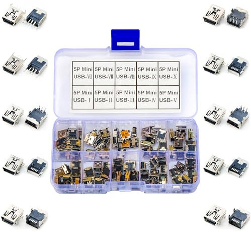 Kidisoii Mini USB Female PCB Mount Connector Assortment Kit, Mini USB Female Socket with 10 Types 5-Pin Jack Connector Female Port DIP 90/180 Degree SMD SMT PCB Jack Socket DIY Kit (Mini USB), Silver