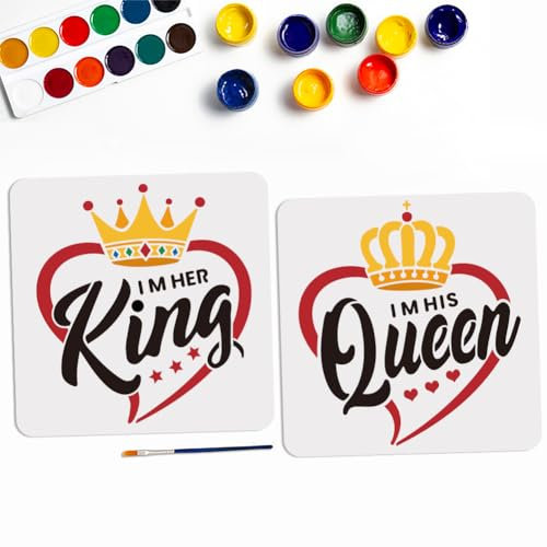 MAYJOYDIY 2 Stück Krone König Königin Schablone 30×30cm I Am Her King Malschablonen Valentinstagsthema Vorlage Zum Malen Mit Pinsel Für Handwerkskunst Auf Fenster Wand aus Holz Stoff Dekoration