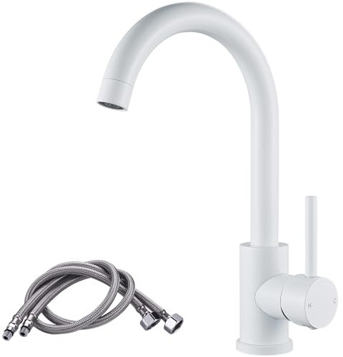 Rubinetto da Cucina in Acciaio Inox, Girevole a 360°, Miscelatore Monocomando, F-DEEN Rubinetti per Lavello Cucina Bianco