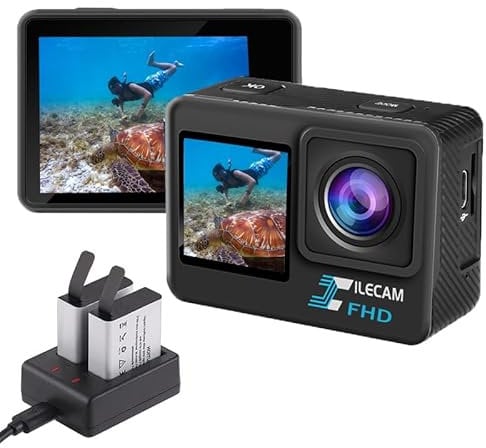 Xilecam Dual Screen Action Cam 1080P /WiFi wasserdichte Kamera, 4 x Zoom, 131 Fuß (40 m), wasserdichte Unterwasserkamera mit 2 x 1050 mAh Akku und Multifunktionalem Zubehör (L300)