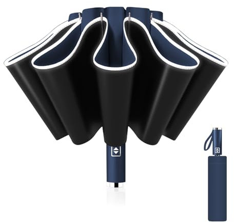 Pioggistar Paraguas Plegable Automático, Paraguas Invertido, Paraguas Plegable Antiviento 10 Varillas para Hombre y Mujer, Diámetro 105cm, Azul oscuro