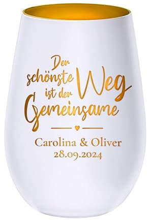 Casa Vivente Glas Windlicht zur Hochzeit, Kerzenhalter mit Gravur Gemeinsamer Weg, Personalisiertes Teelicht in Weiß fürs Brautpaar, Hochzeitskerze, Kerzen Windlicht zum Jahrestag