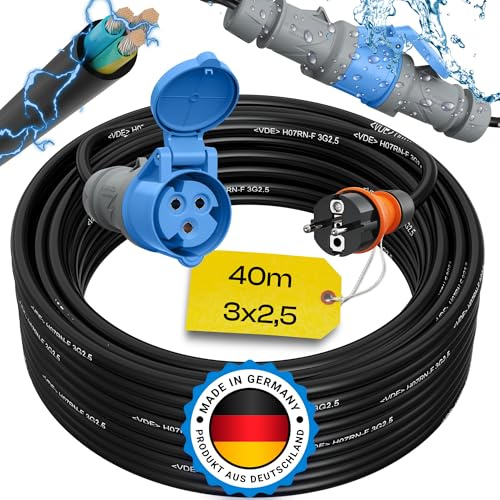 maxgo 40m Camping Adapter Schuko auf CEE 230v 16a 3x2,5 H07RN-F Stromadapter Stromkabel Landstromanschluss Adapterkabel Verlängerungskabel Kabel Wohnmobil Schukostecker Mennekes Campingkupplung