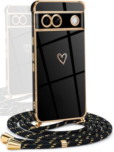 YAMCCCSE Cover per Google Pixel 7a con Collana Amore Cuore Custodia per Donne Morbido Sottile Laccio Tracolla Case con Protezione Fotocamera Dorata Placcatura Cornice Paraurti,Nero