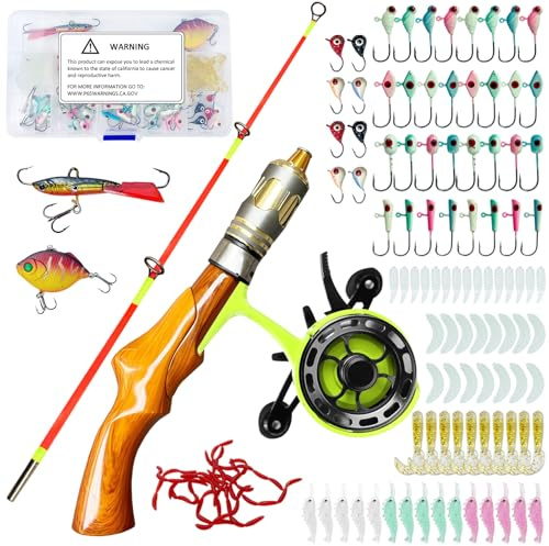 L PATTERN Eisangelrute Set, 60cm Eisangelrute mit Angelrolle, Empfindliche Eisangelrute Komplettset für Anfänger Enthält Wobblers, Jigköpfe, Angelköder, Rechtshänder