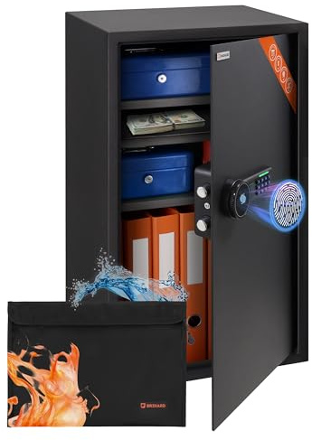 Brihard Business XXL Safe Tresor 73x40x36cm für Zuhause mit Fingerabdruck Sensor inkl. feuerfeste Dokumententasche mit 3 anpassbaren Einlegeböden, Tresor 102L für A4 Dokumente, als Geldversteck & Mehr