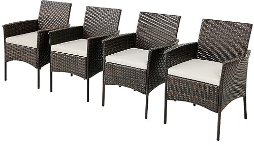 Rattan-Essgruppe für 4 Personen mit abnehmbaren Kissen, ergonomische Rückenlehne und Armlehnen, Allwetter-Weidenmöbel für Terrasse, Balkon, Hinterhof