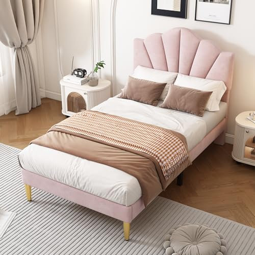BTM Lit Simple Rembourré 90x200, Lit Enfant avec Sommier à Lattes, Tête de lit Réglable en Hauteur, en Forme de Coquillage, Pieds en Fer Doré, en Velours, Rose (sans Matelas)