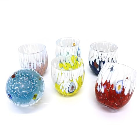 MAZZEGA ART & DESIGN - 6 Wassergläser aus mundgeblasenem und handgearbeitetem Glas mit Murano-Murrinen, Linie I Colori di Murano, 350 ml, hergestellt in Italien (MIX-SR)