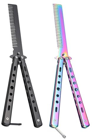 2 Stücke Butterfly kamm,Metall Edelstahl Butterfly Kamm,Schmetterling Stil Kamm,Tragbarer Schmetterlingskamm,Faltbarer Taschenkamm für Haar Barberkamm Haarstyling Zubehör(Bunte+Schwarz)