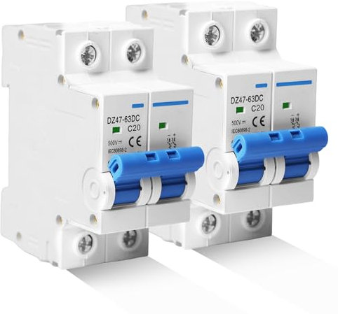 2 Stück DC Trennschalter PV Anlage, 500V 20A 2 Polig Solar Leitungsschutzschalter, Sicherungsautomat Schutzschalter für Photovoltaik-Systeme, Schutzluftschalter 35mm DIN-Schienenmontage