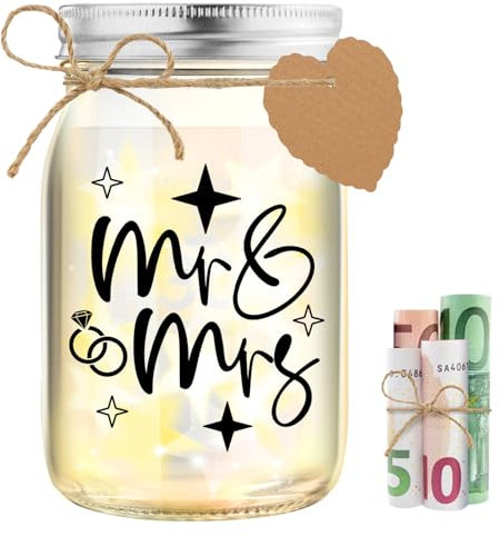 LED Flaschenlicht Hochzeit, Geldgeschenke Hochzeit Verpackung, Hochzeitsgeschenke für Brautpaar, Personalisiert Mr. & Mrs. Geldgeschenke Geschenkideen Leuchtflasche für Brautpaar Frisch Verliebte