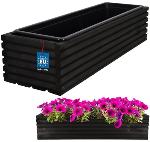 KOTARBAU - Jardinera de madera, 64 x 20 cm, con maceta interior, color negro, para balcón, jardín, terraza, incluye inserción