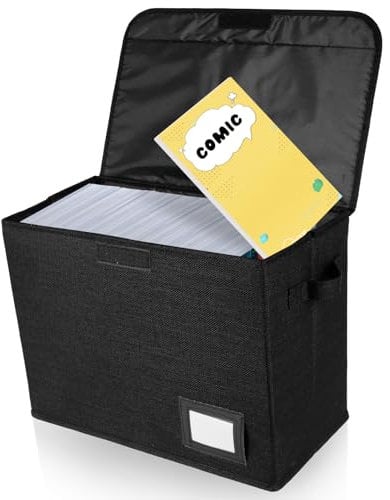 CBWERBB Comic Book Storage Box,Collapsible Short Comic Book Bin with Handle & Lid,15.74x7.87x11.8 inch Washable Integrated Heavy Duty Comic Book Organizer for Wardrobe, Closet, Shelf, Office (Black)