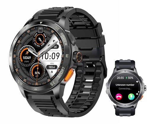 Duckdik Smartwatch für Herren, Militär, Bluetooth, Whatsapp, Sauerstoff, HRV, Sprachassistent, AMOLED-Display, IP68, robuste Sportuhr, kompatibel mit iPhone und Android (Silikonarmband)