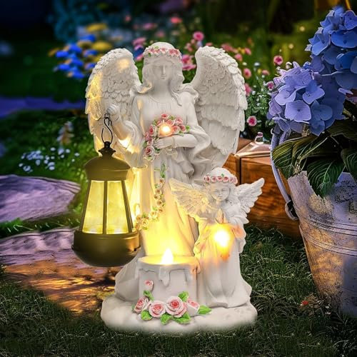 Tuzsocr Solar Engel Gartenstatuen - Schutzengel-Figur mit LED Solar Laterne,Grablicht Outdoor-Deko,Wetterfest Grabschmuck für Friedhof,Engel Skulptur Deko Rasen,Hof,Terrasse,Fensterbank, 33cm (Stil 3)