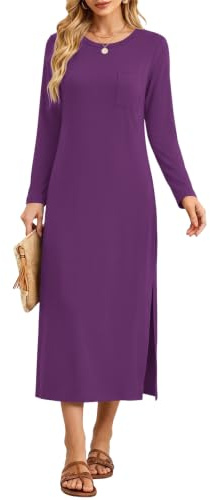 AUSELILY Abito Donna Invernale - Vestito Donna Inverno Lungo con Spacco Laterale Manica Lunga Morbido e Comodo Casual Viola M | Scollo Rotondo E Vestibilità Rilassata,Spacco Laterale,Tessuto Morbido Ed Elastico,Adatto Per Autunno E Inverno
