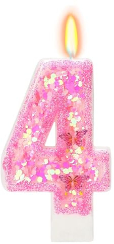 DazzJoy Schmetterling Geburtstagskerzen Zahlen 4, Schmetterling Kerze 4 Geburtstag Mädchen, Schmetterlinge Geburtstagskerze 4. Geburtstag Mädchen, Zahlenkerze 4 Rosa(ca.7,2cm)