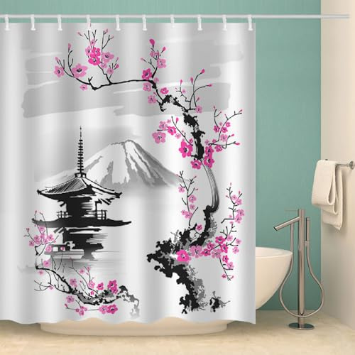 RFFLUX 3D Japan Stil Duschvorhang Anti Schimmel 240x200 cm mit 12 Ringe Polyester Kirschblüten Duschvorhänge Anti-Bakteriell Waschbar Wasserdicht Badvorhänge für Badezimmer（Stil 34-9）