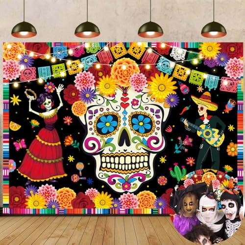 Day of The Dead Backdrop Día De Los Muertos Photography Background Halloween Fiesta Sugar Skull Flowers Birthday Party Decoration Banner Photo Props (6X4FT (180x120cm))