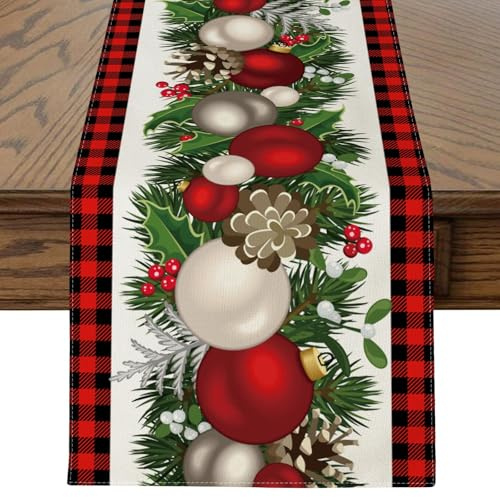 JOTOM Weihnachten Tischläufer, Weihnachtskugel Tischläufer Küche Esstisch Dekoration für Party Wohnzimmer Esszimmer Garten Weihnachtstischdecke Weihnachtsdeko (40 x 240 cm, Rot Schwarz Buffalo Plaid)