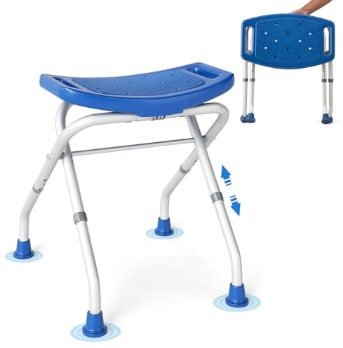RELAX4LIFE Sgabello da Doccia Pieghevole, Sedia per Doccia in Alluminio, Altezza Regolabile 49-52,5 cm, Piedini Antiscivolo in Gomma, Sedile da Bagno per Anziani e Disabili o Riabilitazione (Blu)
