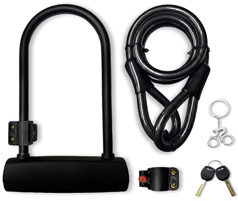 Bike Lock, Heavy Duty Bike D Lock with 5Ft/1.2M High Security Steel Cable&Sturdy Mounting Bracket & 2 Keys Bicycle Locks for Road,Electric, Mountain and Folding Bike.1 Key Chain as Gift
