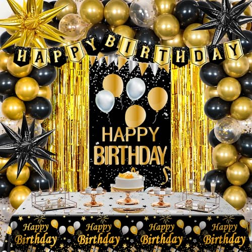 Black and Gold Birthday Decorations for Men Women, Mens Boys Bday Supplies | with Happy Birthday Door Banner Backdrop & Balloon Arch Kit, Black and Gold Bday Party Decorations Tablecloth Tinsel Curtains