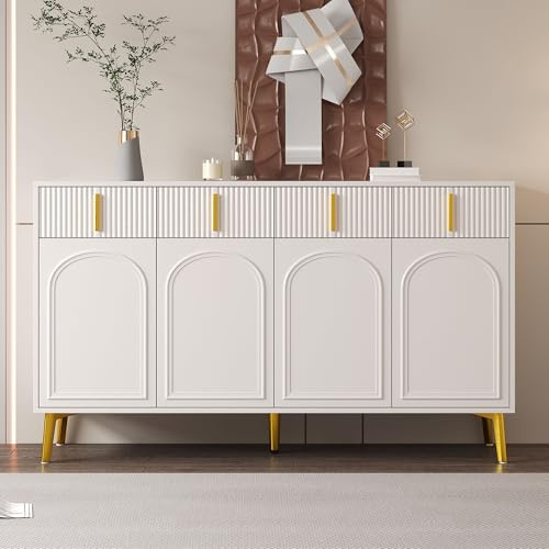 Bladez Sideboard in Weiß, 140cm Breit, Hochglanz Oberfläche, 4 Türen und 4 Schubladen, Goldene Griffe und Beine, Kratzfest, für Wohnzimmer und Esszimmer