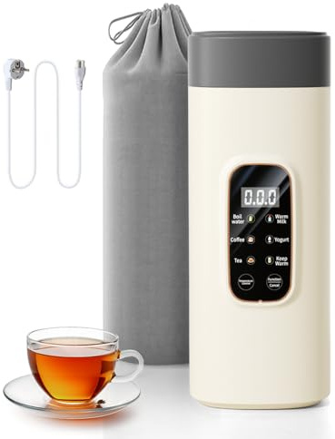 Wasserkocher Klein 550ml, 6-in-1 Reisewasserkocher, Wasserkocher Beige, Schnelles Aufheizen, Innenauskleidung aus Edelstahl 304, Für Tee, Kaffee und Babymilch, Kabelgebundene Nutzung, Weiß