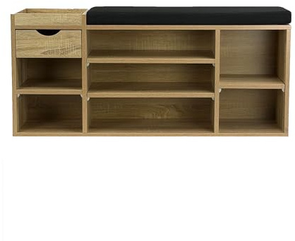 FineBuy Schuhbank 100x30x45 cm Braun mit Schublade und Sitzkissen | Schuhregal mit verstellbaren Regalböden, Garderobenbank für Flur und Diele, Sitzbank mit Stauraum für Schuhe