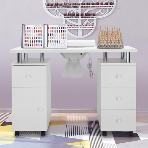 Drmilito Table de Manucure avec Aspirateur Table Onglerie Blanc | avec 8 Roues, 3 Sacs à Poussière, Repose-Poignet, Tiroirs & Armoire, pour Salon de Beauté, Spa, Maison