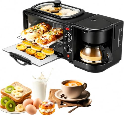 3-In-1 Estación De Desayuno, Mini Horno Con Plancha Antiadherente, Función De Temporizador De 30 Minutos, Control De Temperatura 100~230°C, Máquina De Desayuno Para Cocinas De Apartamentos