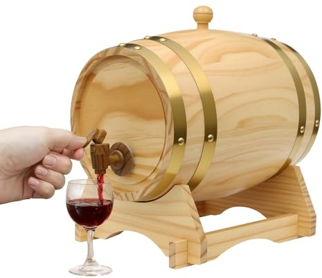 5L Wood Wine Barrel with Stand & Tap, Oval Pine Mini Whisky Barrel, Natural Log Finish Spirit Dispenser for Whisky, Bourbon, Rum, Wine & Home Bar Parties