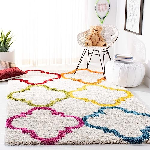 SAFAVIEH Kids Shag Collection Accent Rug - 3' x 5', Ivory & Multi, Rainbow Design, Non-Shedding & Easy Care, 2-inch Thick Ideal for High Traffic Areas in Entryway, Living Room, Bedroom (SGK563A)