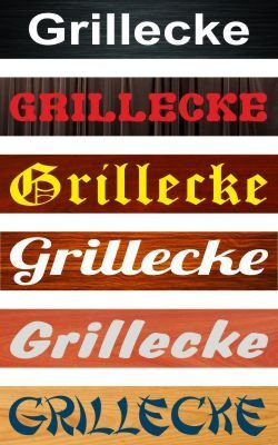 Melis-Folienwerkstatt Schild Grillecke – Holzoptik – 52x11cm – 6 Designs + 6 Schriften + Bohrlöcher Aufkleber Hartschaum Aluverbund -S00149B