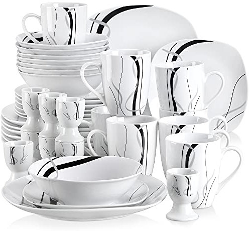 VEWEET FIONA 40pcs Service de Table Pocelaine 8pcs - Assiettes Plates 24,6cm, Assiette à Dessert 19cm, Bols à Céréales 17cm, 360ml Mug Tasse à Thé, Coquetier, Vaisselles pour 8 Personnes