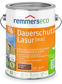 Remmers Dauerschutz-Lasur [eco] nussbaum, 2,5 Liter, Langlebig, ausgeprägter UV-Schutz, für innen und außen, Schutz vor UV-Strahlung & Feuchtigkeit