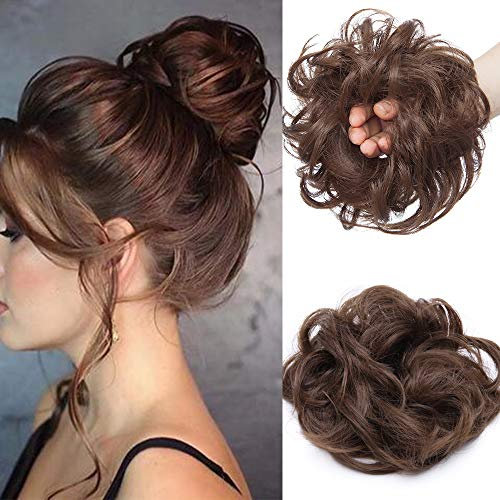 Silk-co Haarteil mit Gummiband, Dutt mit Haaren Gewellt Weich Dutt Haarteil mit Gummiband 35 g, Gelockt Haarverdickung Hair Extensions Messy Bun Hochsteckfrisuren Braun